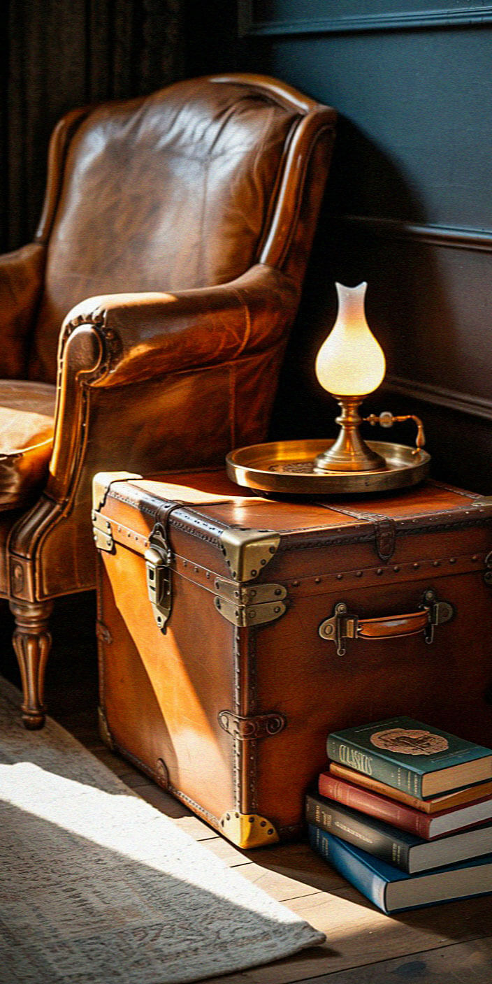 A cozy setting with a leather armchair, vintage lamp on a trunk, and stack of books on a wooden floor.