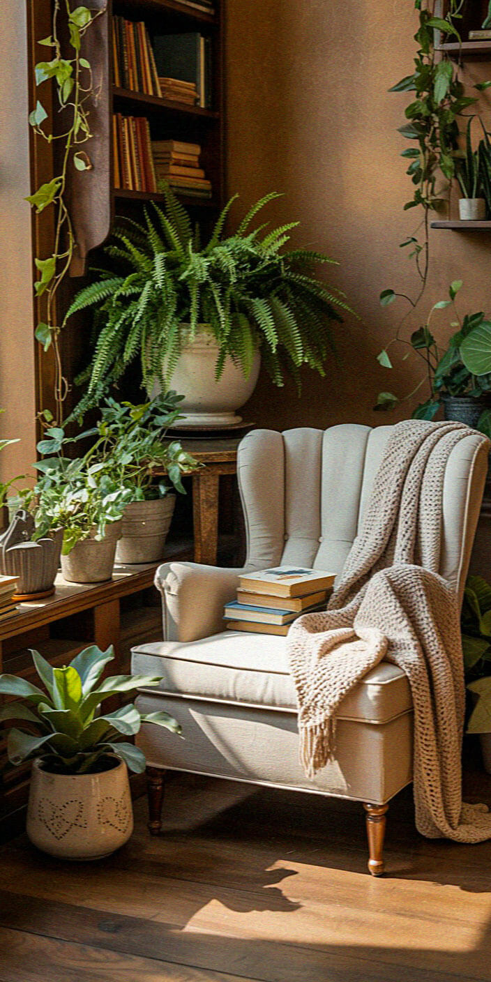 Cozy reading nook with a beige armchair, assorted plants, books, and a knitted blanket by a sunlit window and bookshelf.