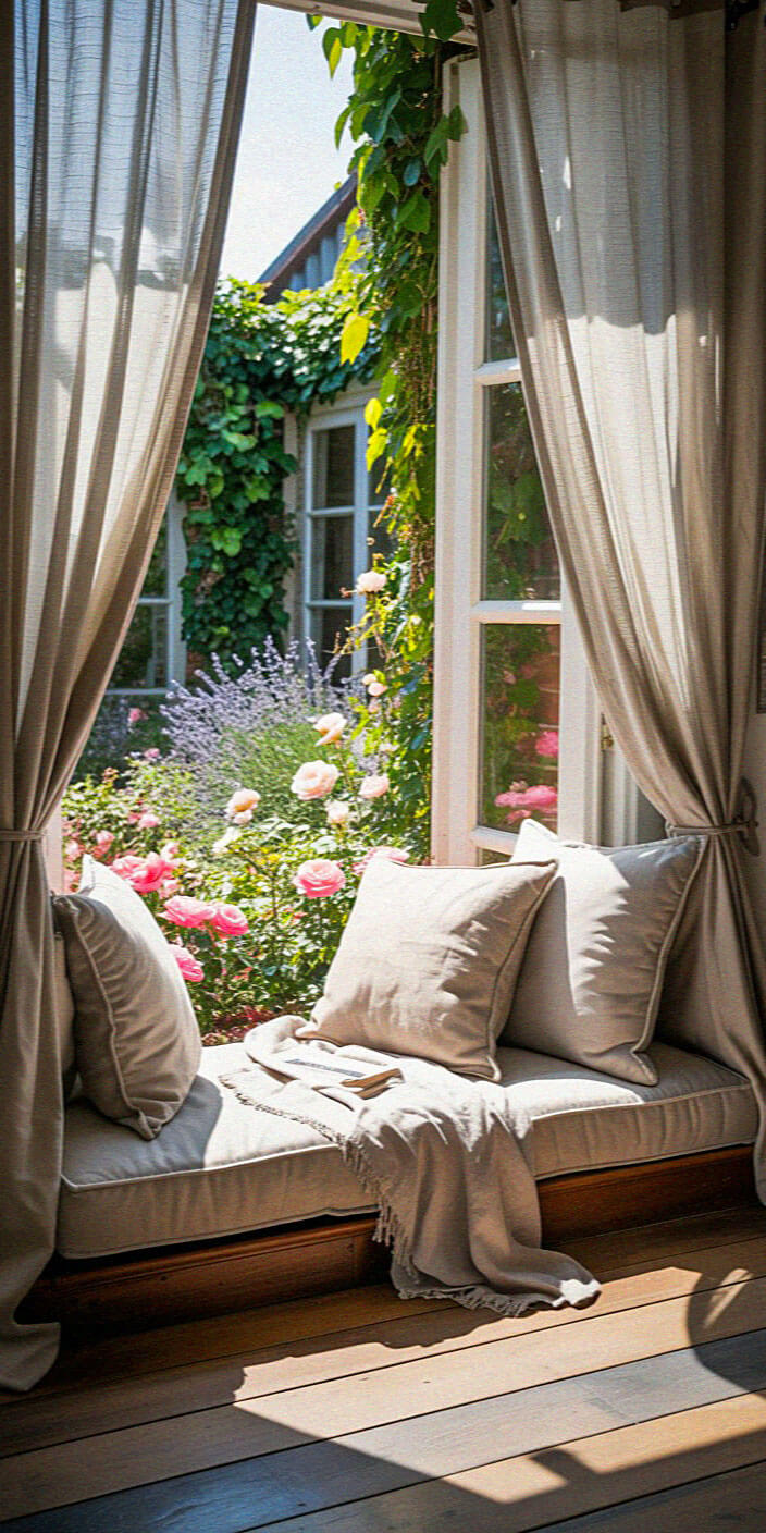 Cozy window seat with pillows overlooks a serene garden with blooming flowers and vines, bathed in soft sunlight through sheer curtains.
