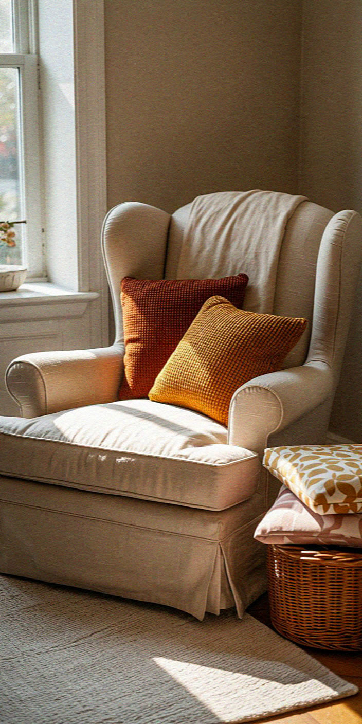 A cozy armchair with orange cushions by a sunlit window; nearby, a basket holds patterned pillows. Warm, inviting atmosphere.