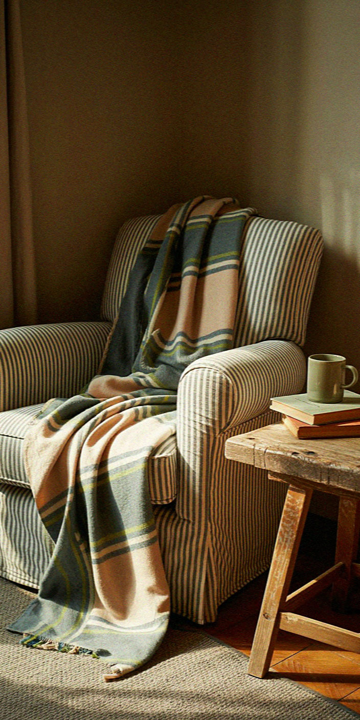 A cozy striped armchair with a plaid blanket draped over it, alongside a wooden table holding books and a mug in a warmly lit room.