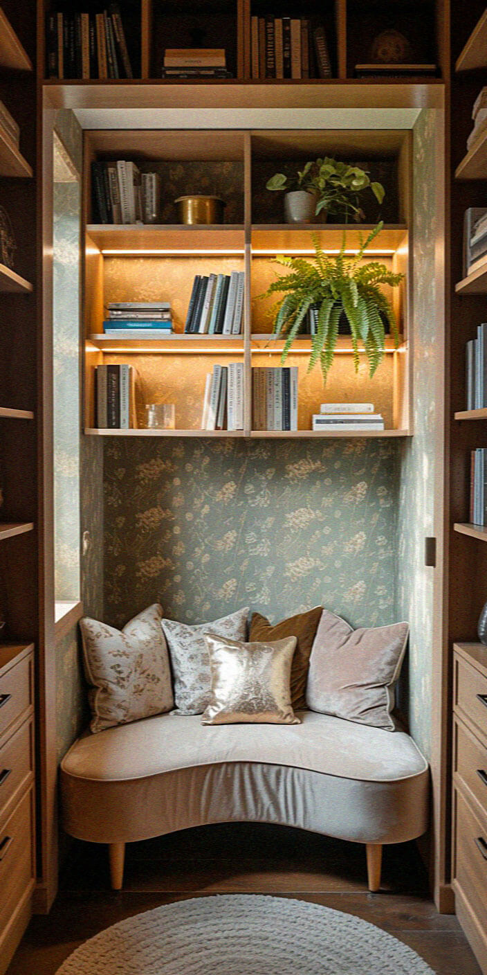 Cozy reading nook with floral wallpaper, curved bench, multiple cushions, and bookshelves with decorative plants, emitting a warm, inviting atmosphere.