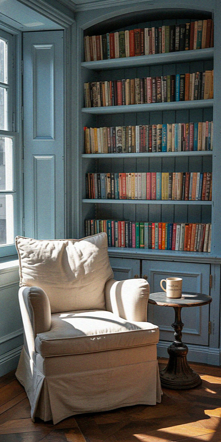 Cozy reading nook features a plush armchair, small wooden table with mug, and bookshelves filled with colorful books, bathed in natural light.