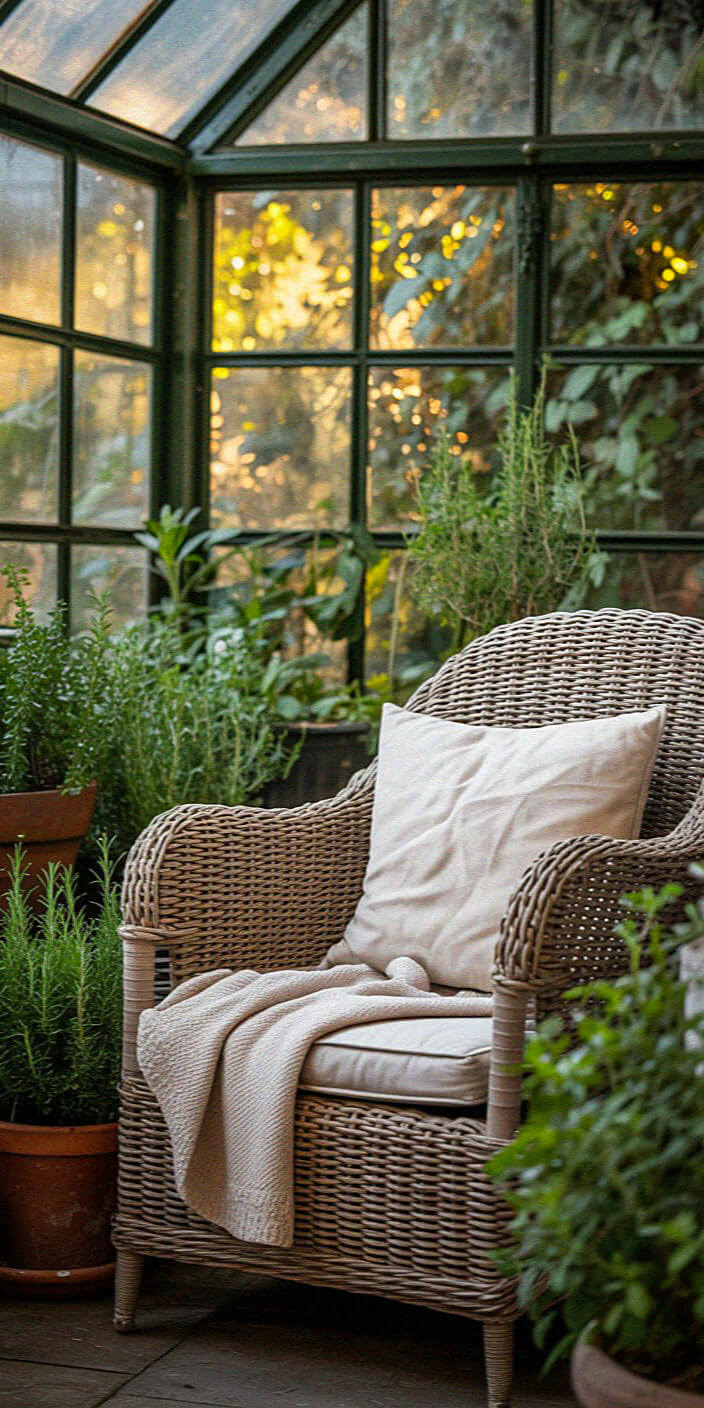 Cozy greenhouse with wicker chair, cushion, and blanket. Potted plants surround; sunlight filters through the windows. Peaceful and inviting atmosphere.