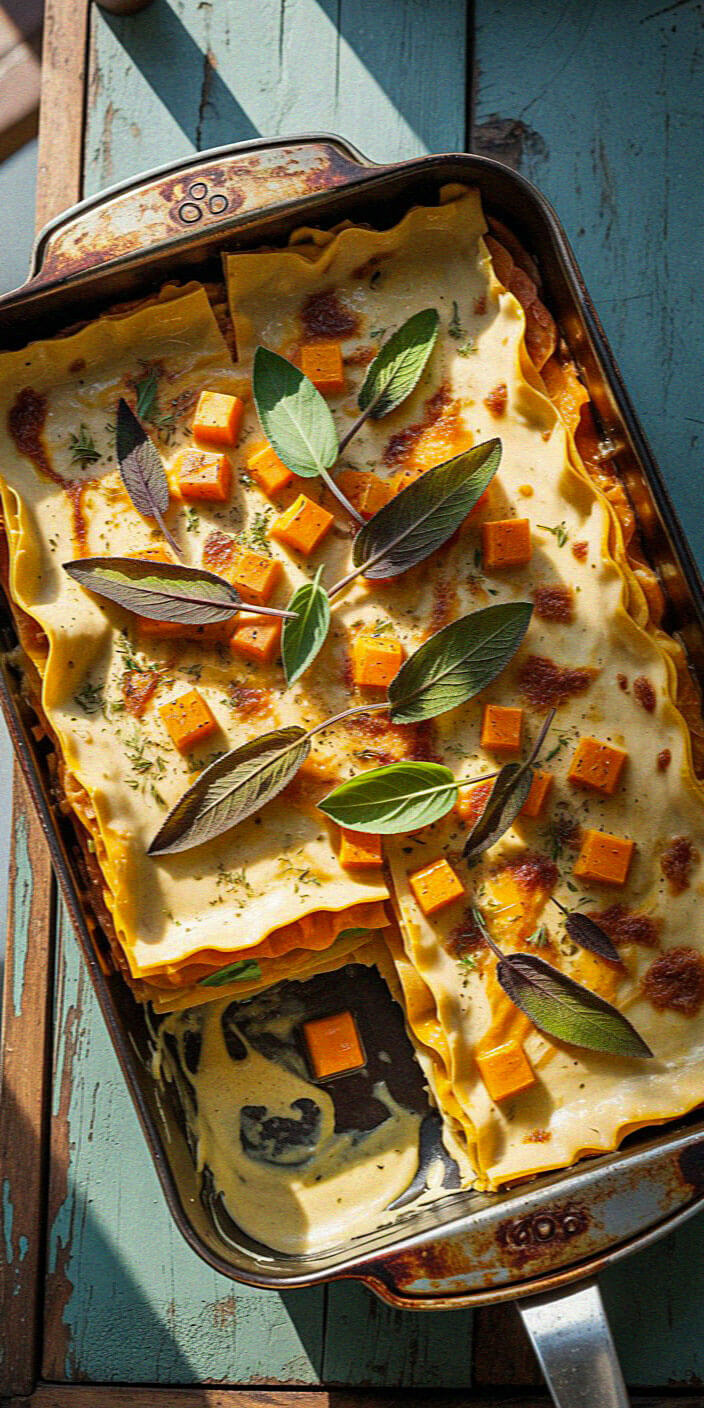 A baking dish with creamy lasagna, topped with fresh herbs and diced cheese, sits on a rustic blue wooden table.