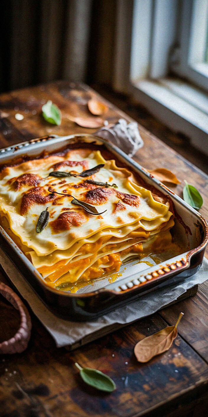A freshly baked lasagna in a rustic dish sits on a wooden table near a window, surrounded by scattered green leaves and napkin.