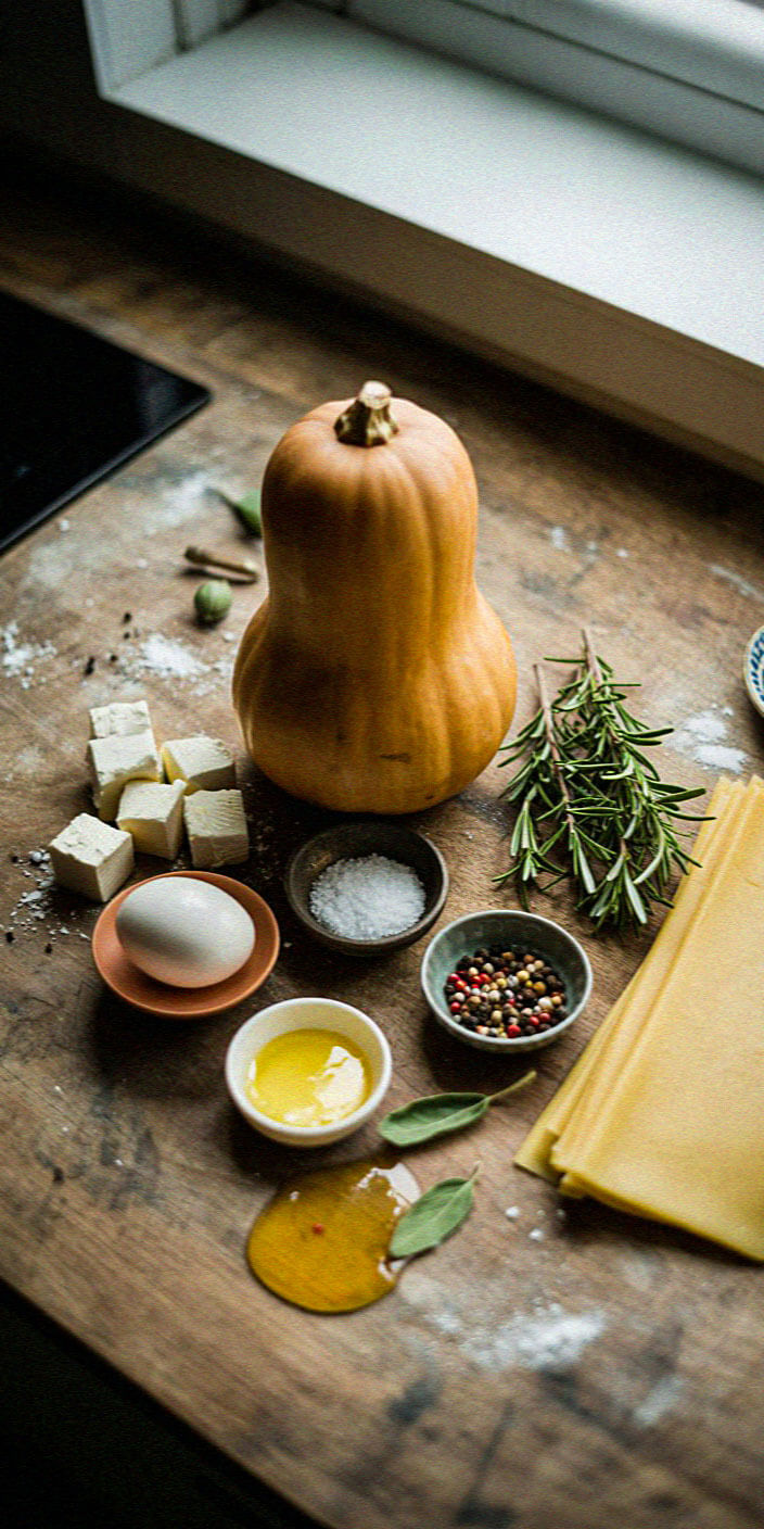 Wooden table with butternut squash, fresh herbs, pasta sheets, an egg, spices, and cheese, creating a cozy rustic kitchen scene.