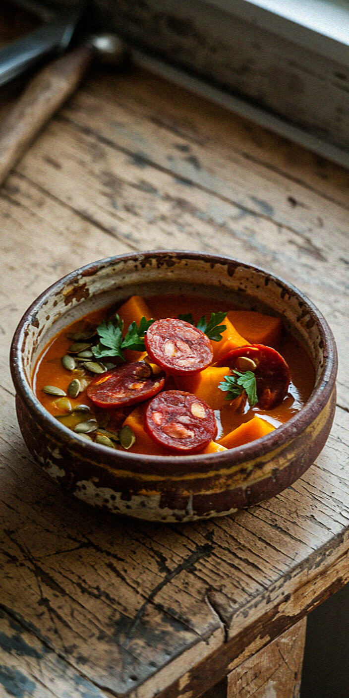 A rustic bowl with chorizo, squash cubes, pumpkin seeds, and parsley sits on a weathered wooden table by a window.