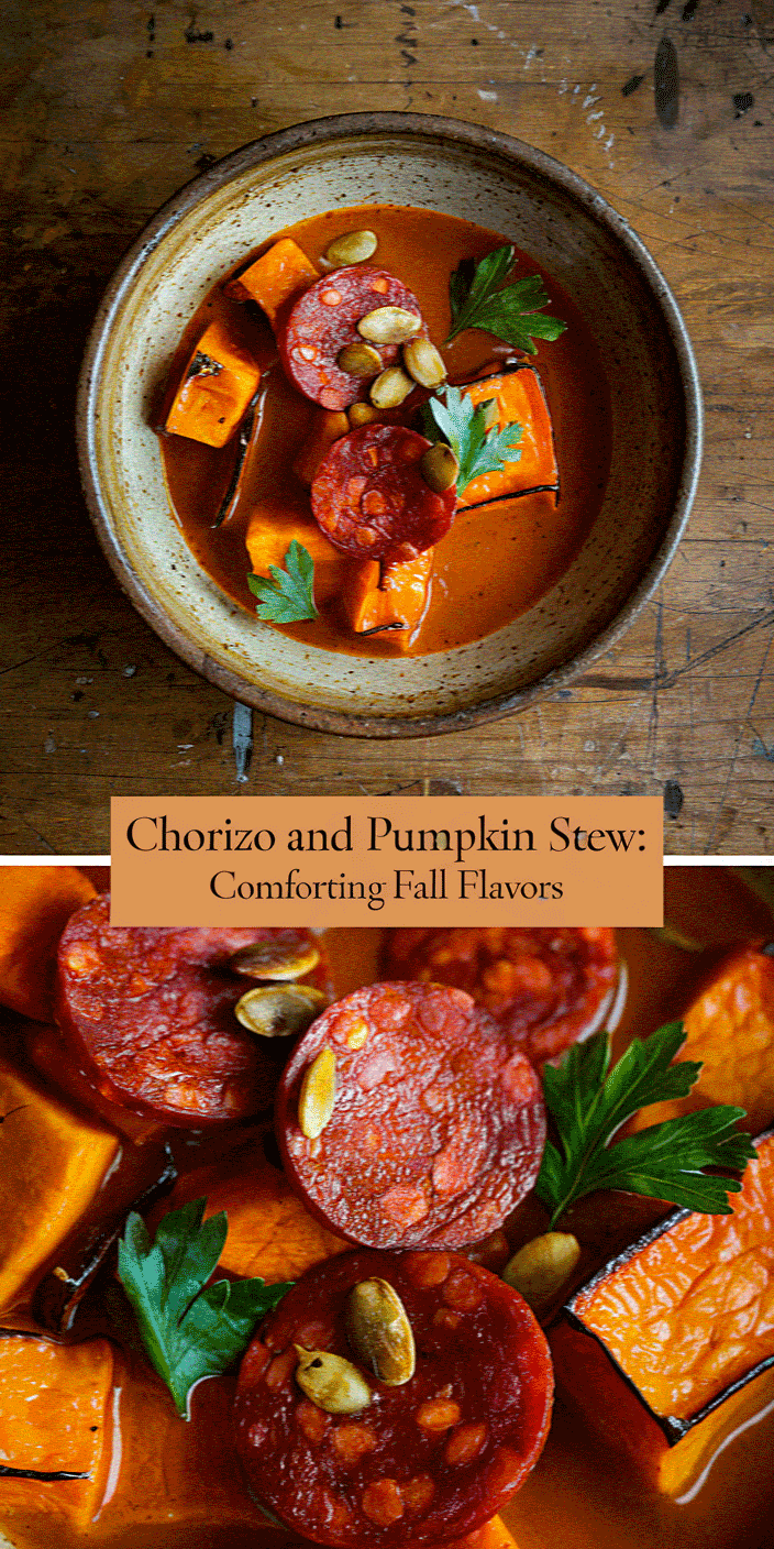 Bowl of chorizo and pumpkin stew with garnished parsley and seeds, highlighting comforting fall flavors. Rustic background enhances cozy, autumnal atmosphere.
