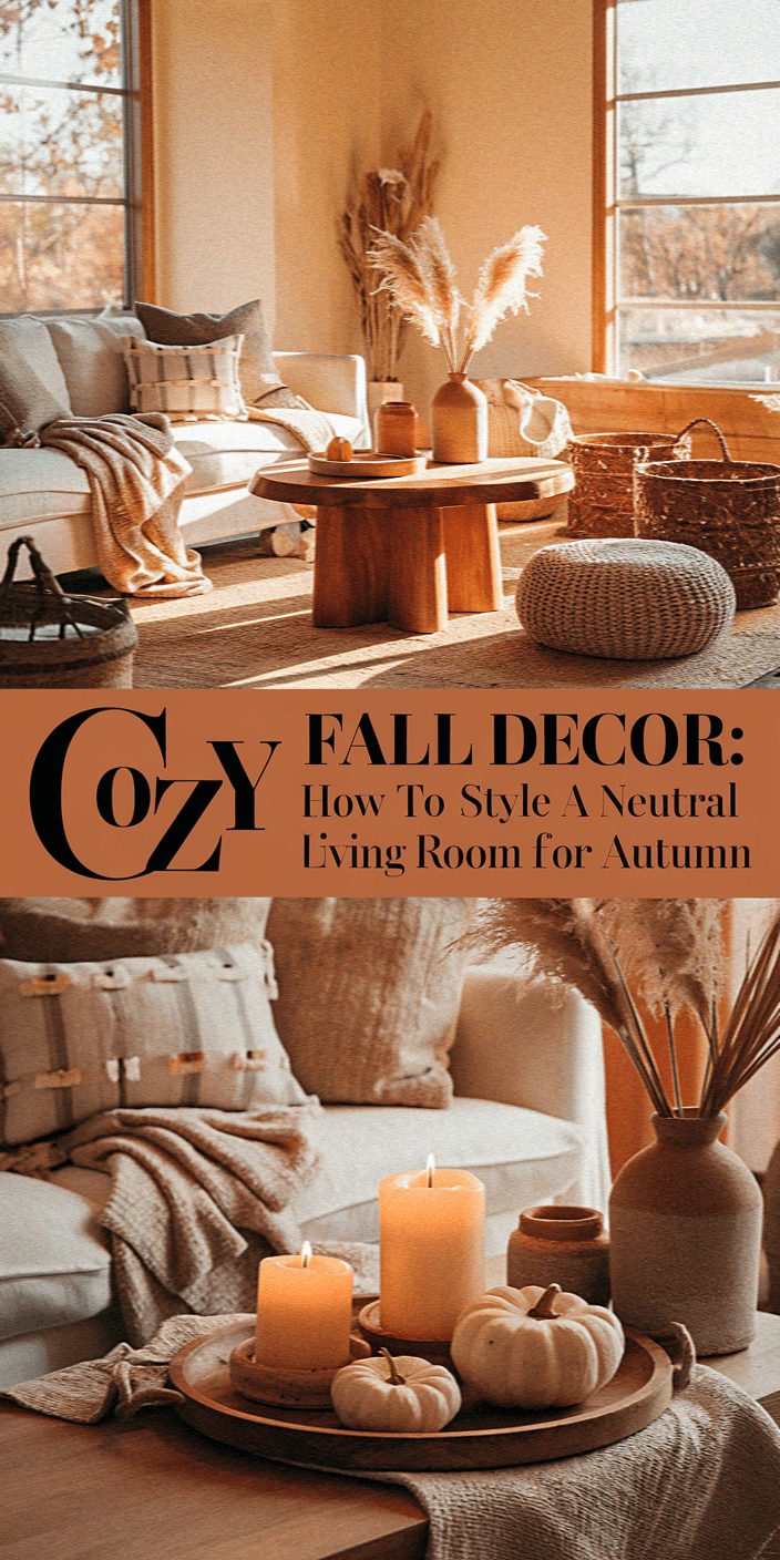 Cozy autumn-themed living room with neutral tones, featuring candles, pumpkins, and dried plants. Text overlay offers decorating tips for the season.