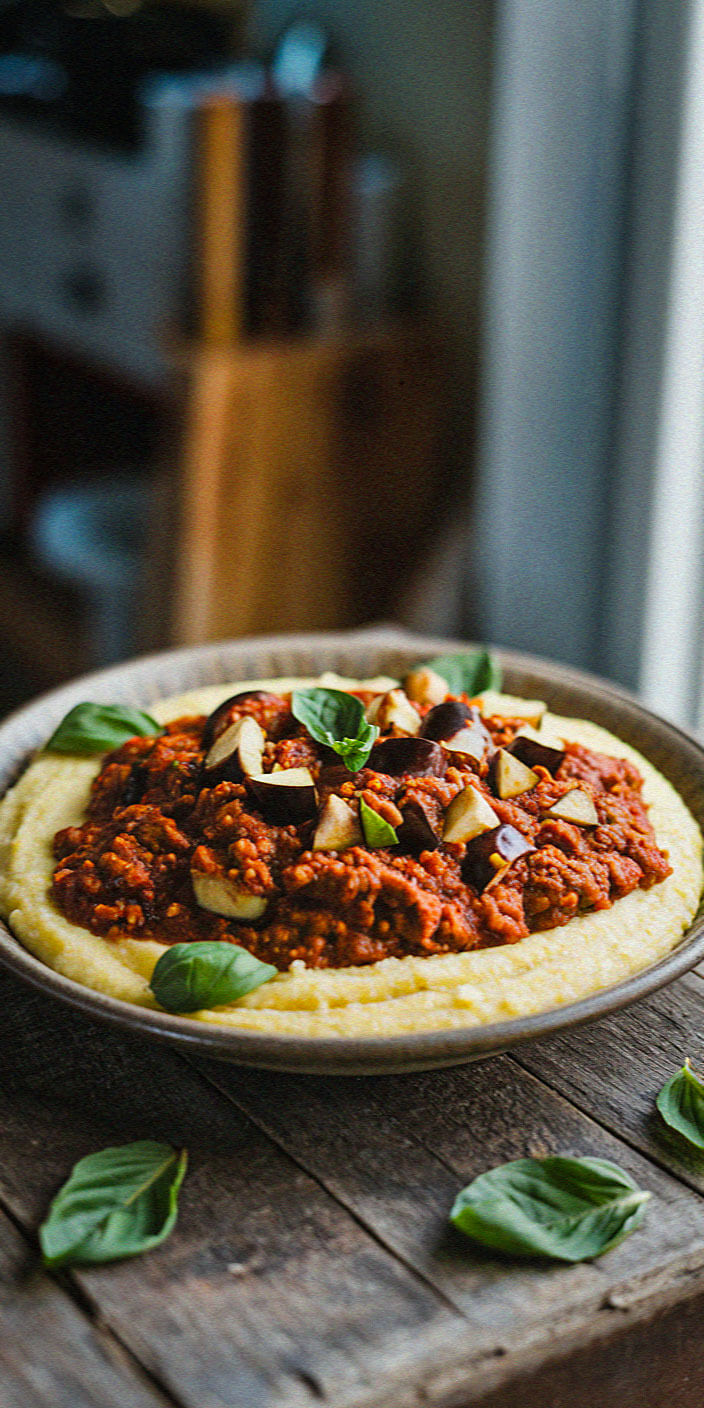 A rustic wooden table holds a dish of creamy polenta topped with a rich tomato and eggplant sauce, garnished with fresh basil leaves.