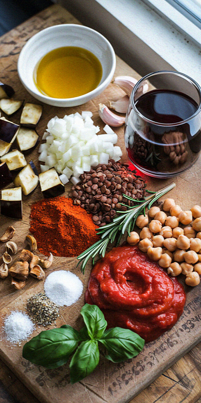 Ingredients arranged on a wooden table include olive oil, wine, lentils, chickpeas, tomatoes, garlic, paprika, rosemary, onion, basil, and spices.