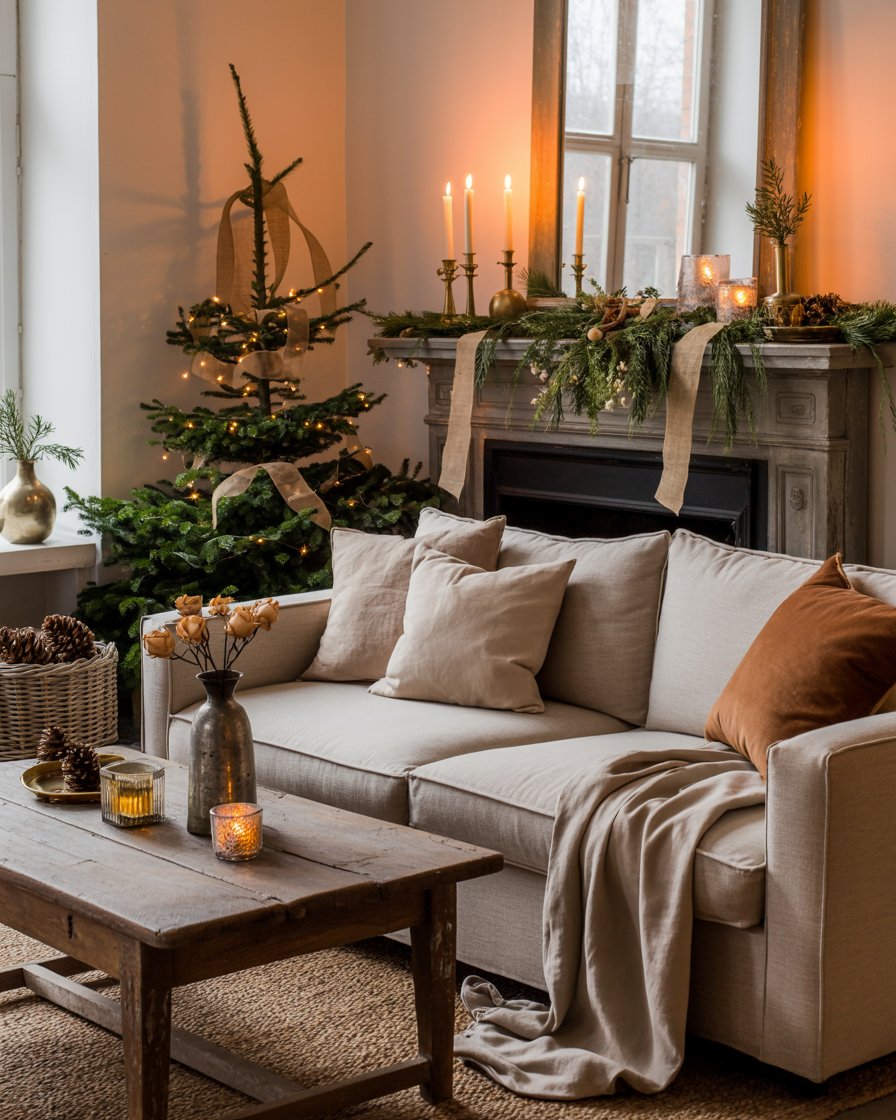 Cozy living room with Christmas tree, candles, and greenery. Sofa and wooden table create a warm, festive atmosphere near a decorated fireplace.