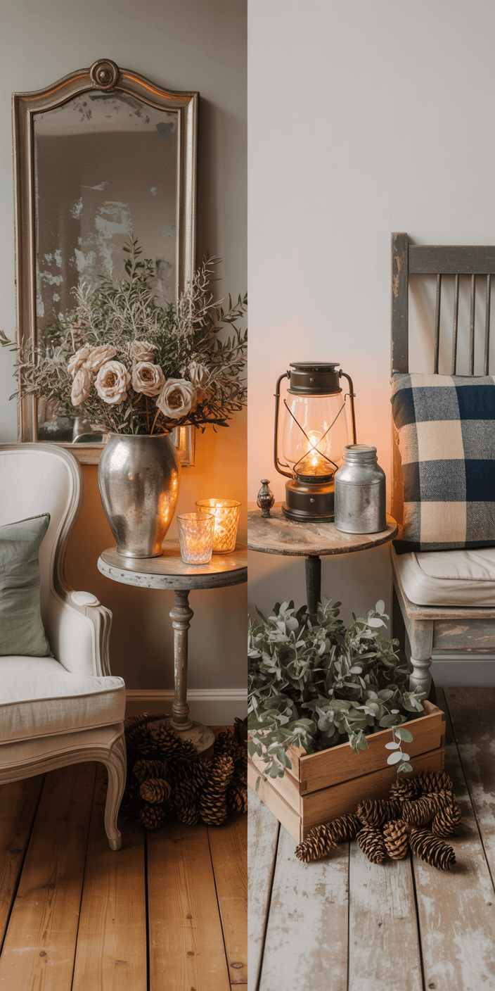 A cozy interior features a white chair, mirrored table with flowers, candles, a lantern, pillows, and pinecones on wooden floors.