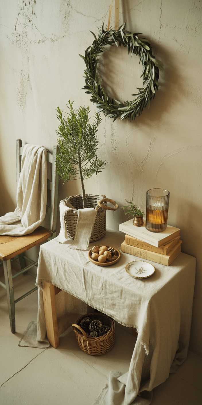 A cozy, rustic setup featuring a wicker basket, potted plant, books, candle, wreath, nuts, and pinecones on a draped table and chair.