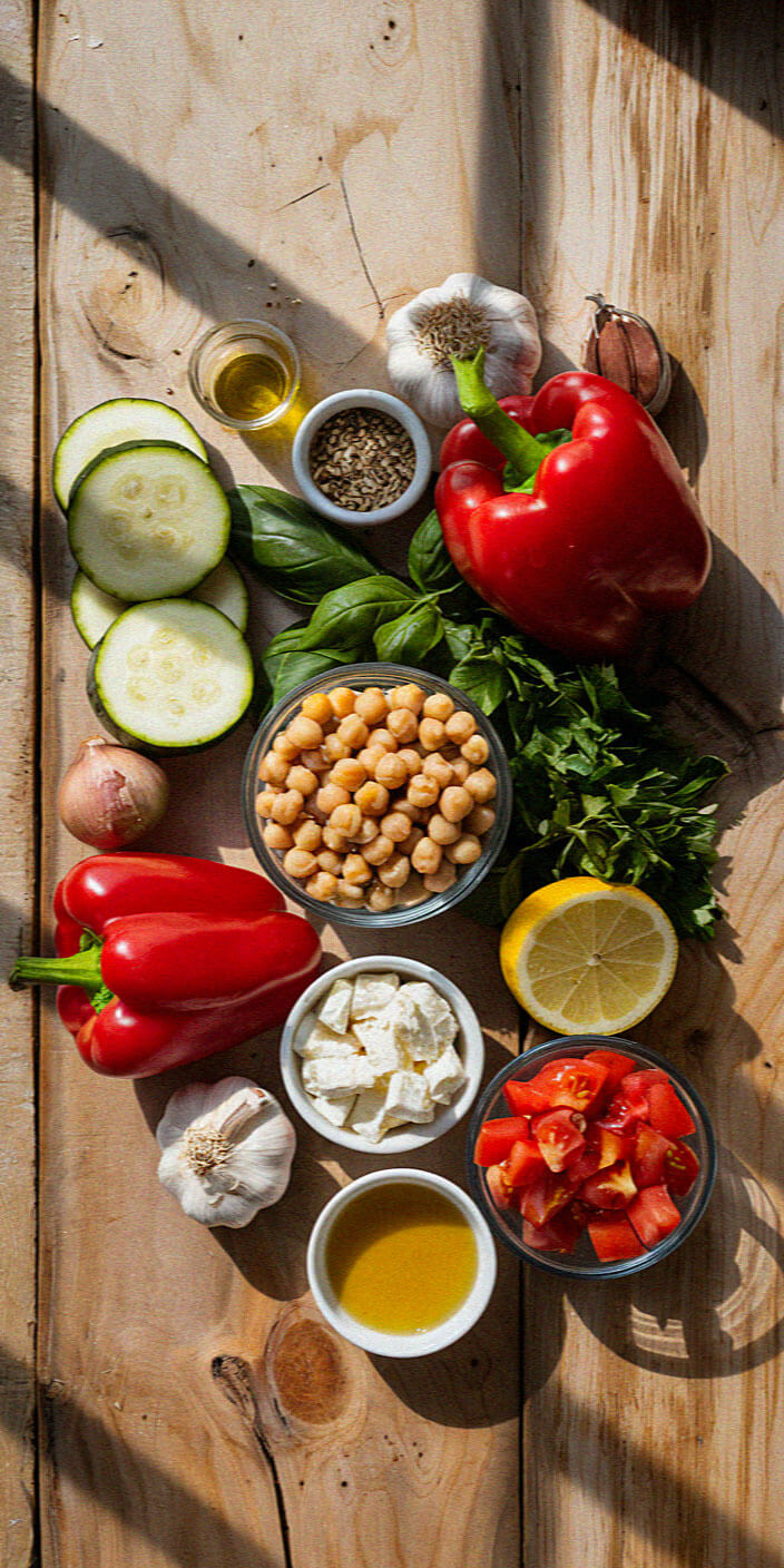 A variety of fresh ingredients, including red peppers, zucchini, chickpeas, feta, and herbs, are artfully arranged on a rustic wooden table.