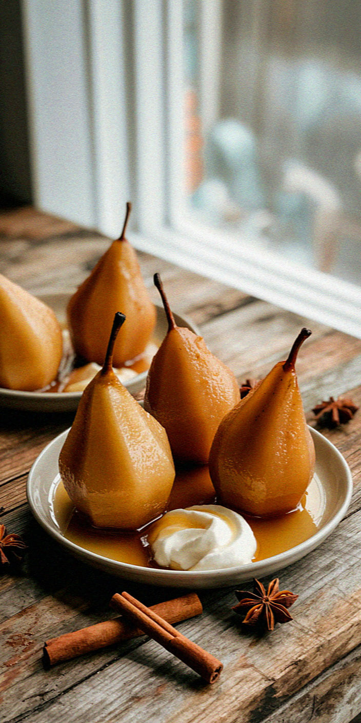 A plate of poached pears in syrup with whipped cream, cinnamon sticks, and star anise on a rustic wooden table by a window.