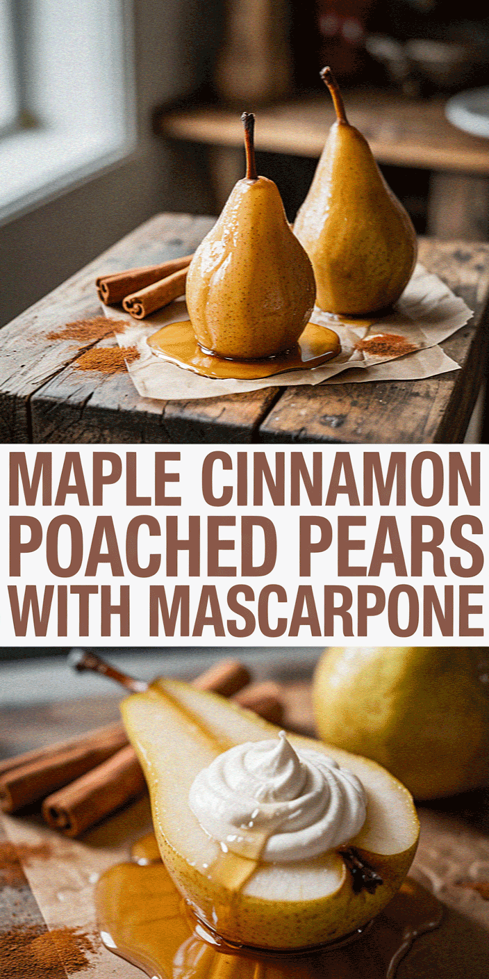 Two pears poached in maple cinnamon, served with mascarpone on rustic table. Cinnamon sticks and syrup create a cozy ambiance.