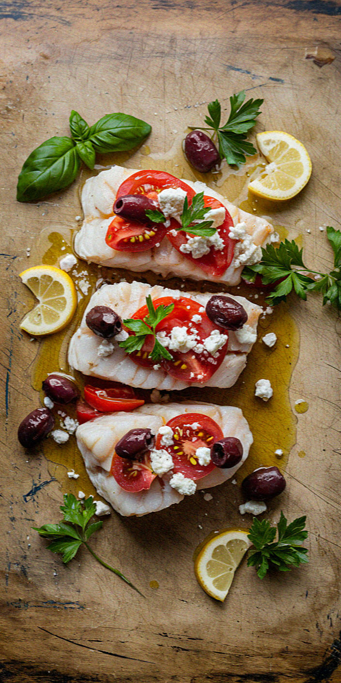 Three pieces of fish topped with tomatoes, olives, and feta on a wooden board, garnished with lemon slices and fresh herbs.
