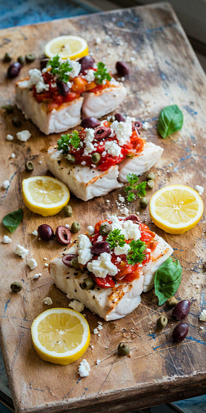 Three pieces of grilled fish topped with tomatoes, feta, olives, and herbs, garnished with lemon slices on a rustic wooden board.