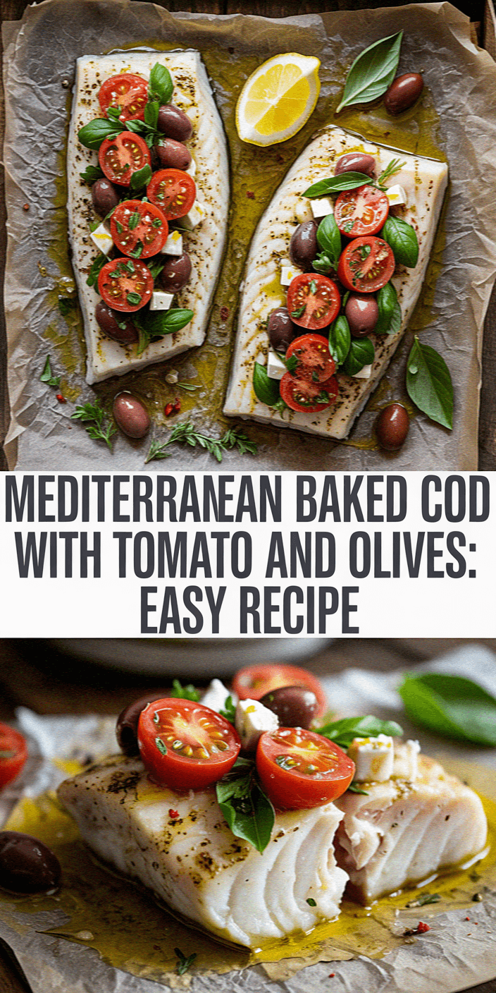 Mediterranean baked cod garnished with tomatoes, olives, and herbs, served on wooden boards. Text highlights "easy recipe." Bright, appetizing presentation in natural light.