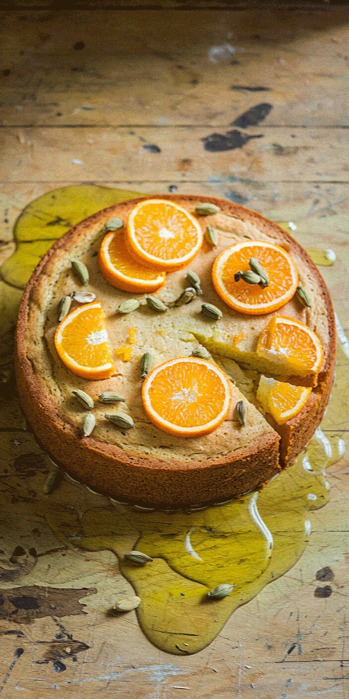 Round cake with orange slices and cardamom seeds on top, surrounded by spilled honey on a rustic wooden table.