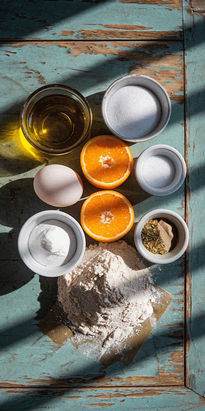 Baking ingredients on rustic blue table: olive oil, egg, oranges, sugar, salt, flour, baking powder, spices, creating warm, inviting kitchen setting.