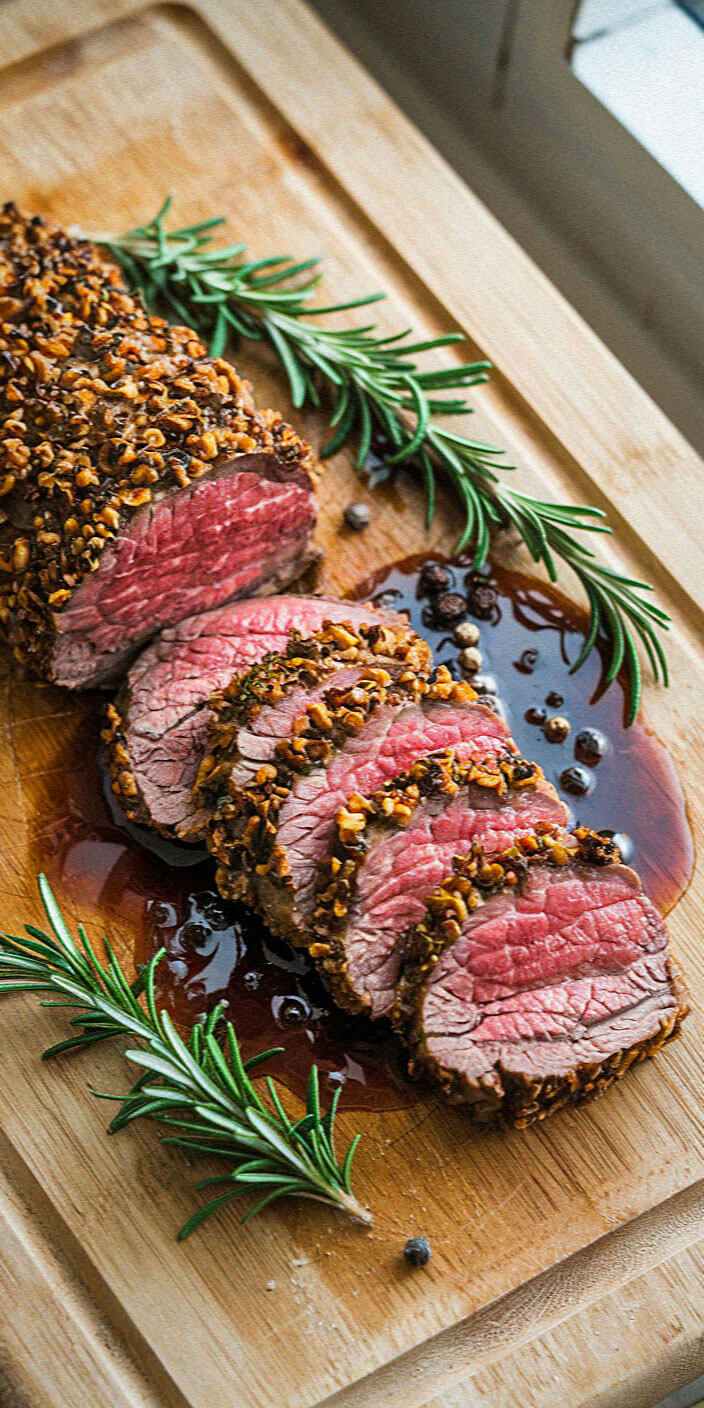 Sliced beef tenderloin with herb crust displayed on a wooden board, garnished with rosemary sprigs and peppercorns, showcasing a medium-rare cook.