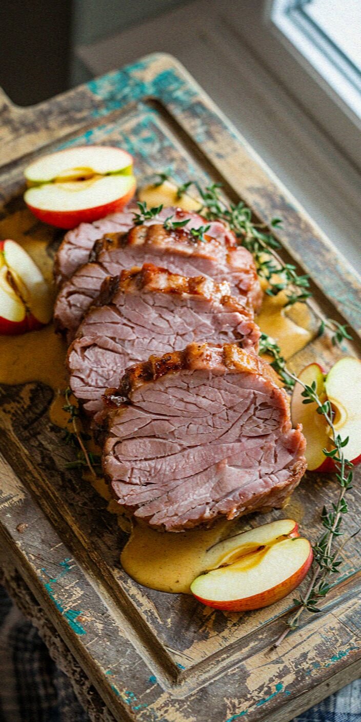 Sliced roast pork with apples and herbs arranged on a rustic wooden board near a window, creating a cozy and appetizing presentation.
