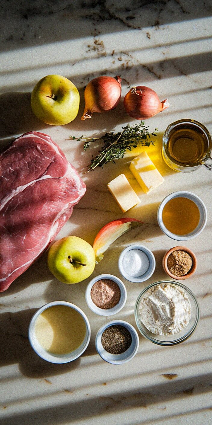 Ingredients including meat, apples, onions, spices, and herbs are arranged on a marble surface, bathed in sunlight with dramatic shadows.