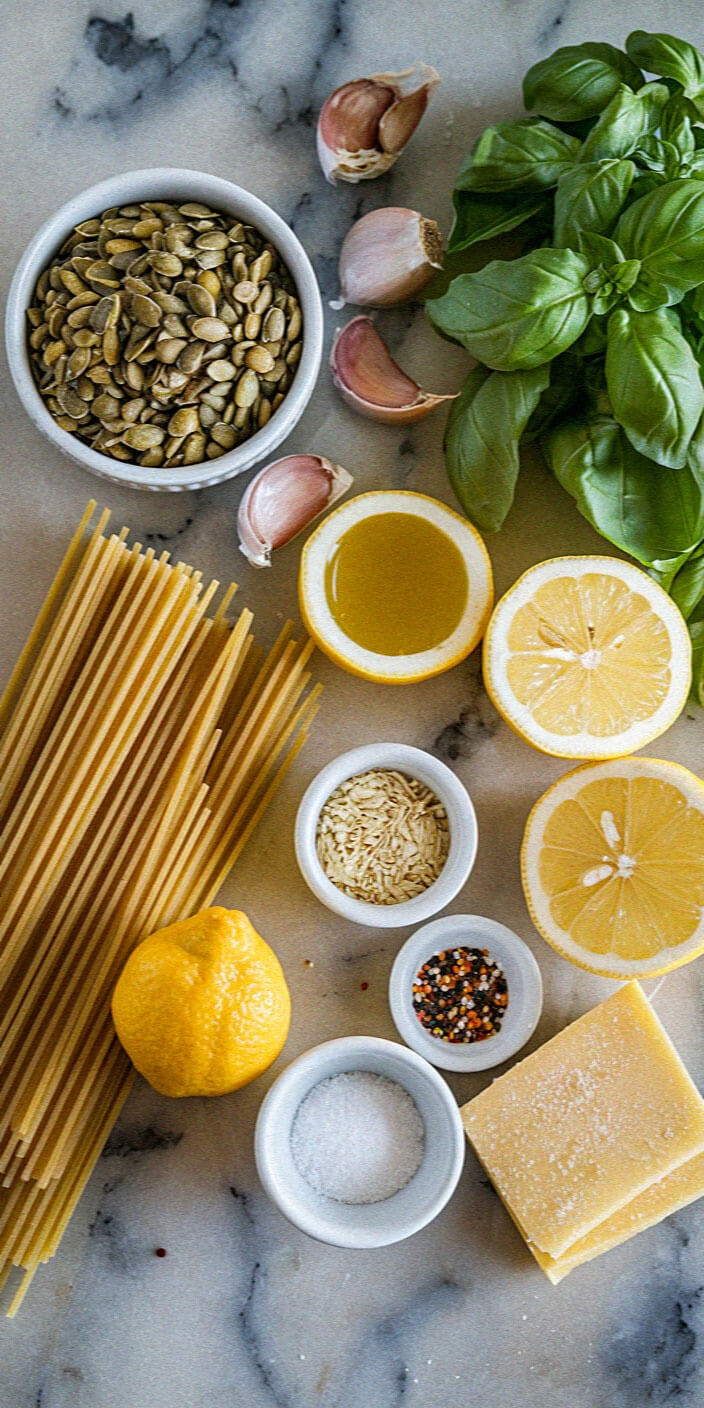 Fresh ingredients on a marble surface: spaghetti, lemons, basil, pumpkin seeds, garlic, olive oil, parmesan, chili flakes, salt, and cheese.
