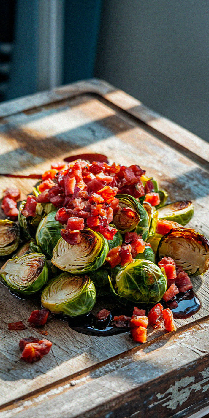 Roasted Brussels sprouts topped with crispy diced bacon and balsamic glaze, arranged on a rustic wooden surface, illuminated by natural light.
