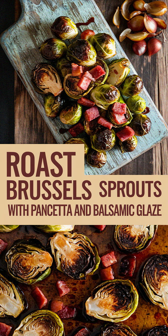 Roasted Brussels sprouts with pancetta and balsamic glaze on a wooden board. Garlic cloves scattered nearby for a rustic presentation.