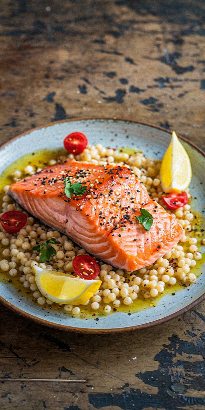 A plate of grilled salmon on pearl couscous, garnished with cherry tomatoes, lemon wedges, and herbs, set on a rustic wooden table.