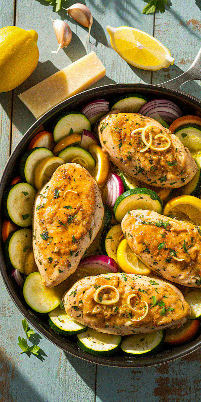 A dish of seasoned chicken breast, sliced zucchini, and onion in a skillet. Lemons, garlic, and cheese are nearby on a wooden surface.
