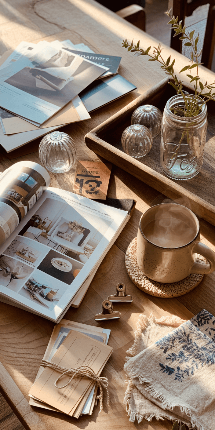 Cozy desk scene with magazines, open book, letters, glass jars, and steaming mug on a wooden table, bathed in warm sunlight.