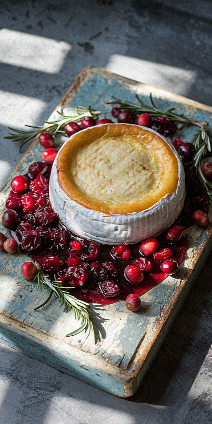 A baked wheel of cheese sits on a rustic board surrounded by cranberries and rosemary sprigs, basking in soft natural light.