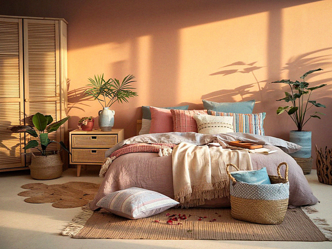Cozy bedroom with warm lighting, pink and pastel tones. Decor includes potted plants, wicker basket, pillows, and woven rug on wooden floor.