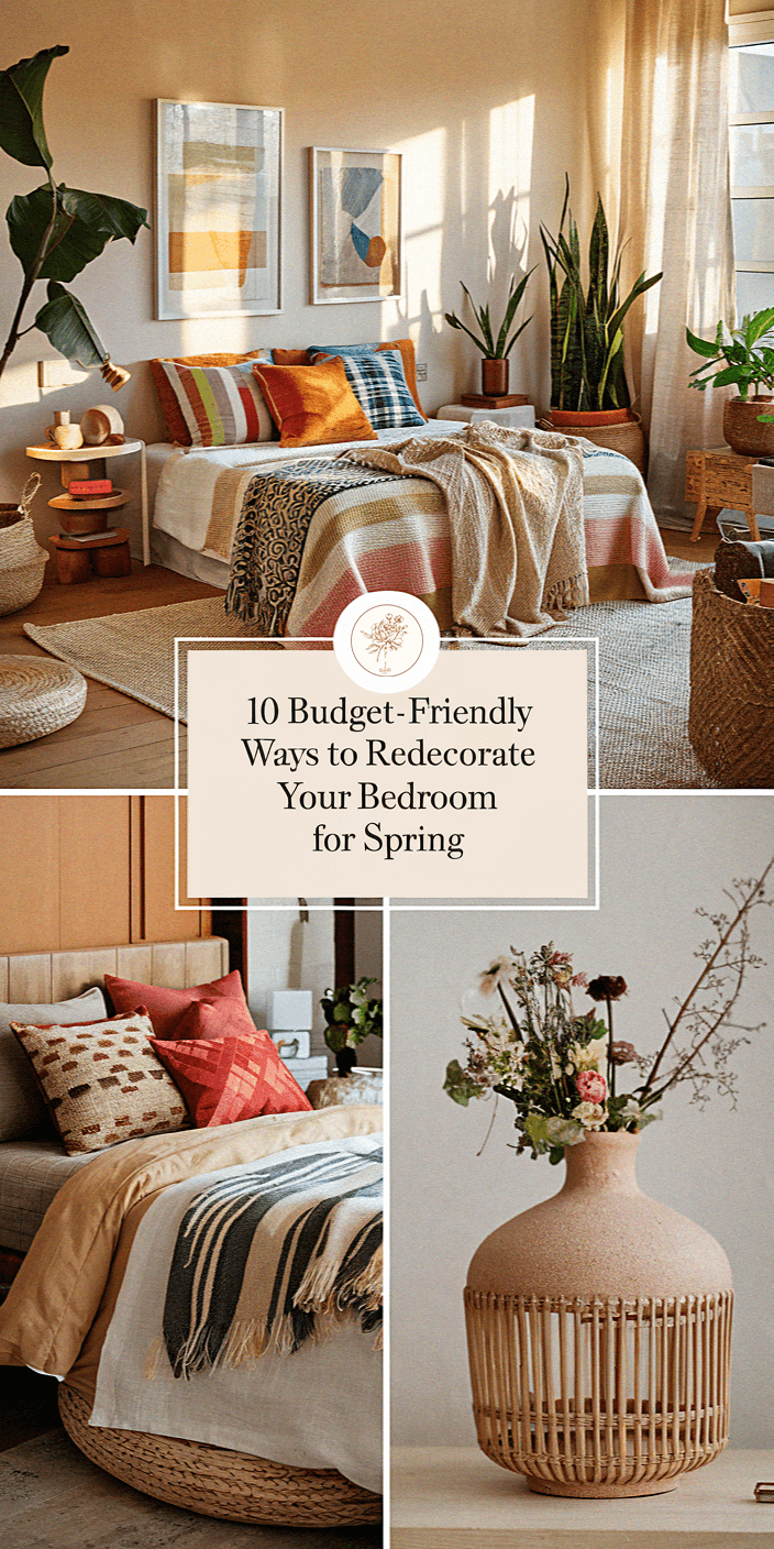 Cozy, colorful bedroom with plants and woven textures. Art adorns the walls. Text reads: "10 Budget-Friendly Ways to Redecorate Your Bedroom for Spring."