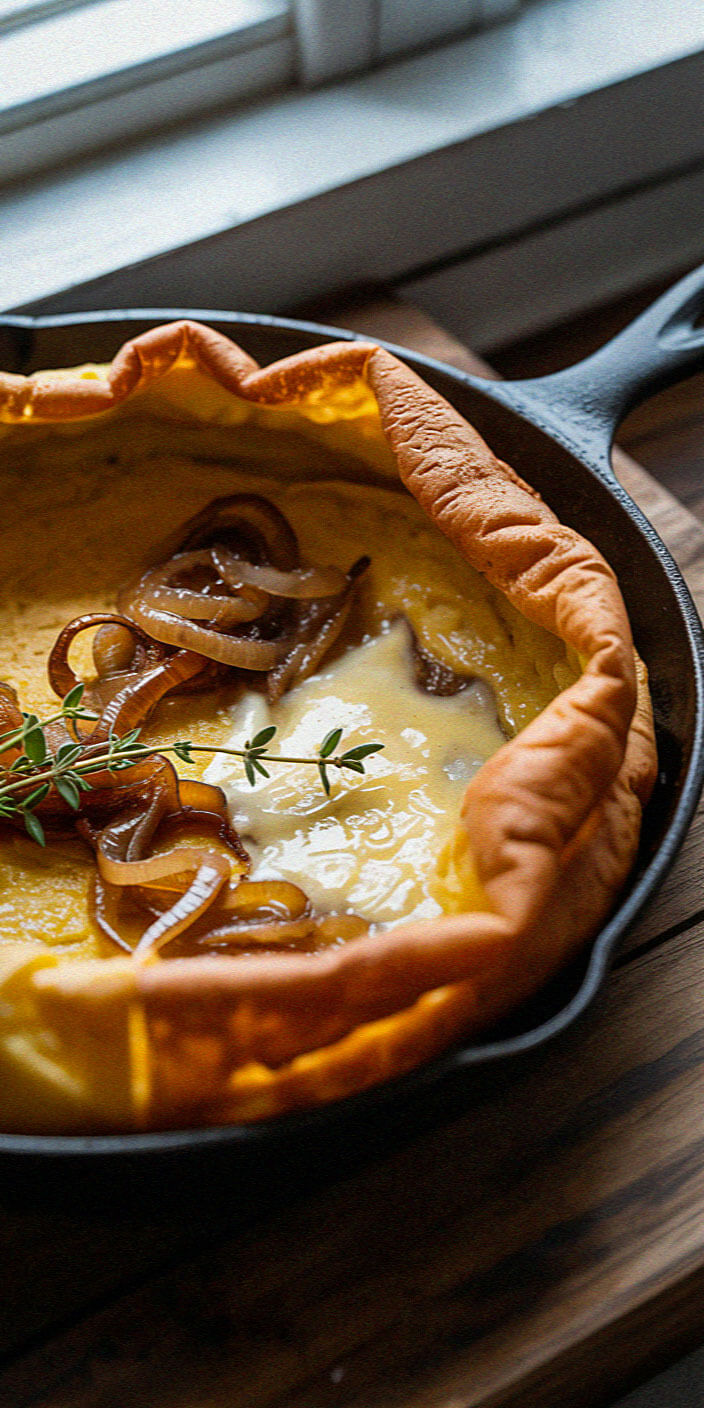 A Dutch baby pancake in a skillet, beautifully golden, topped with caramelized onions and fresh herbs, sits on a wooden table by a window.