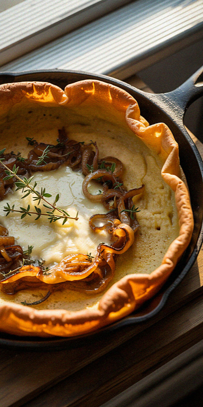 A golden Dutch Baby pancake with caramelized onions and fresh thyme in a black skillet, basking in warm sunlight.