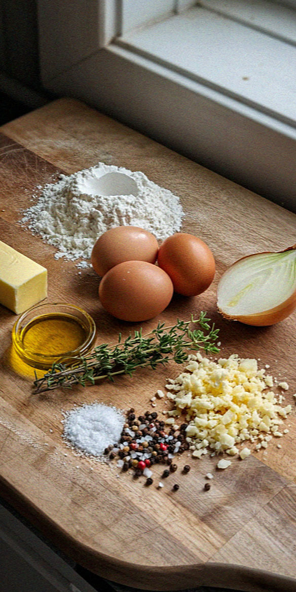Wooden board with flour, eggs, butter, oil, onion, herbs, salt, pepper, and cheese near a window. Rustic kitchen setting.