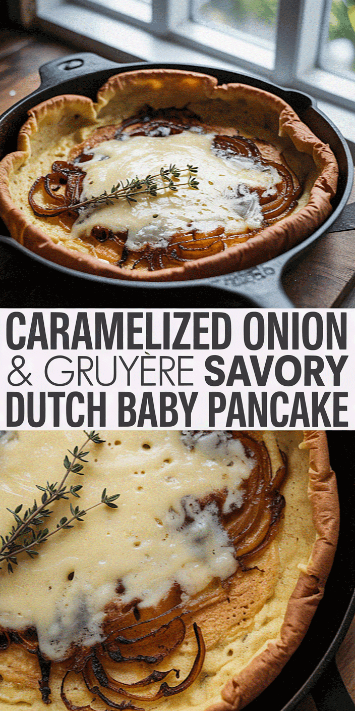 A savory Dutch baby pancake topped with caramelized onions and Gruyère cheese, garnished with thyme, placed in a cast iron skillet by a window.