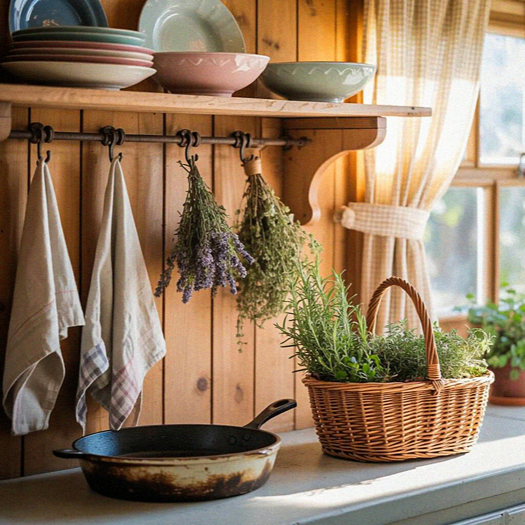 Cozy kitchen scene with a wooden shelf, colorful bowls, hanging herbs, a basket of greens, and a rustic pan by the window.