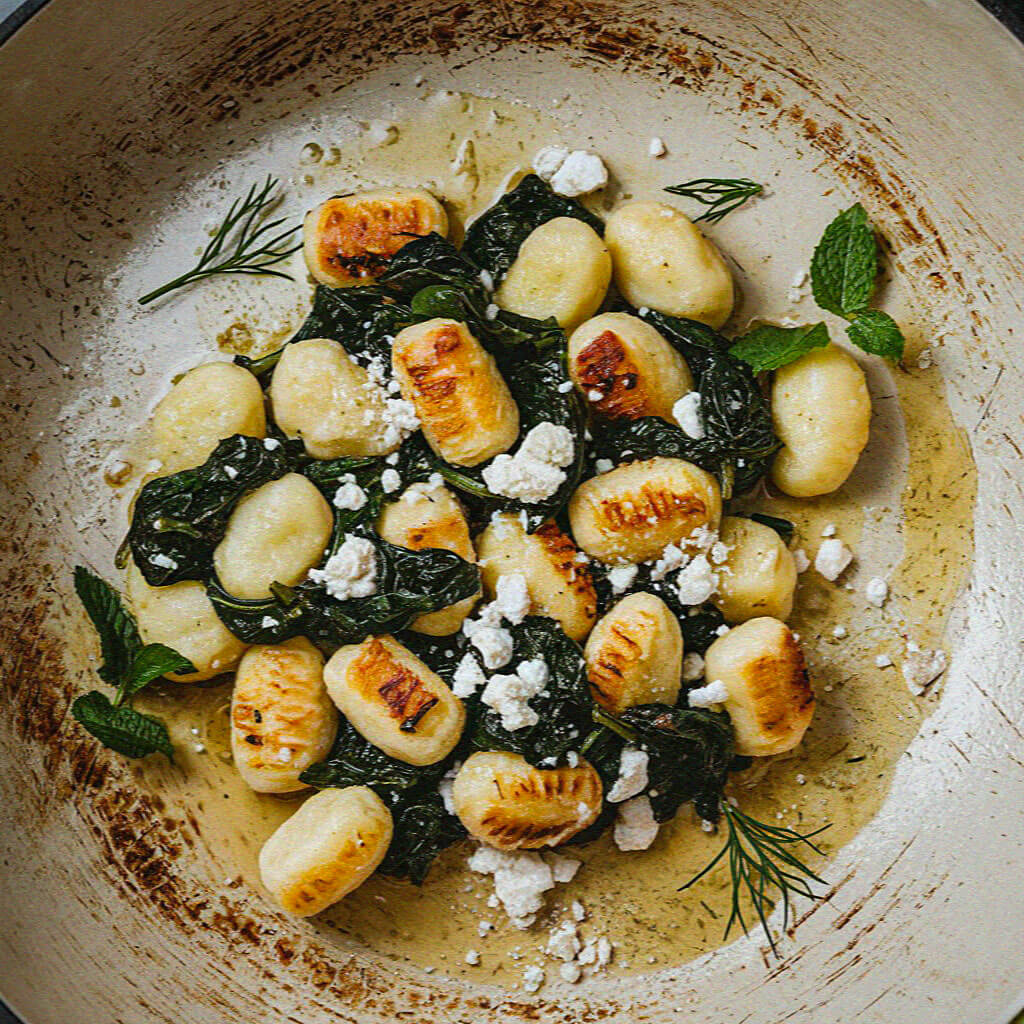 Golden-brown gnocchi with spinach and crumbled cheese, garnished with mint and herbs, resting in a rustic skillet with oil residue.