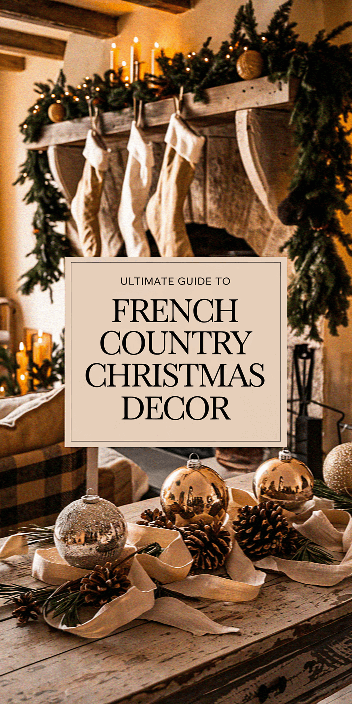 Cozy Christmas decor featuring stockings, pinecones, candles, and ornaments. Rustic fireplace adorned with greenery, showcasing French country style for the holiday season.