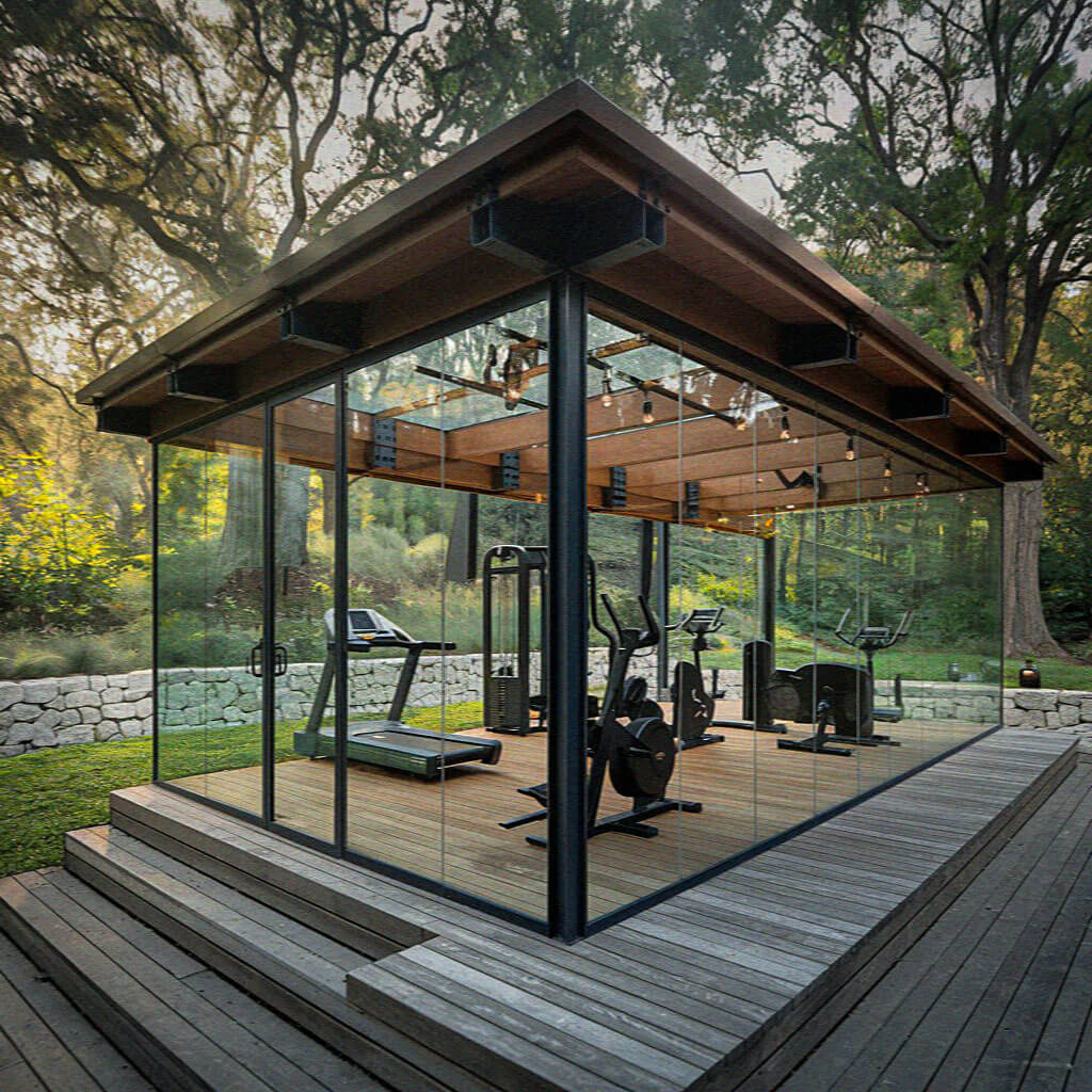 A modern glass-walled gym with exercise equipment is situated in a serene, wooded area, featuring a wooden platform and natural stone wall.