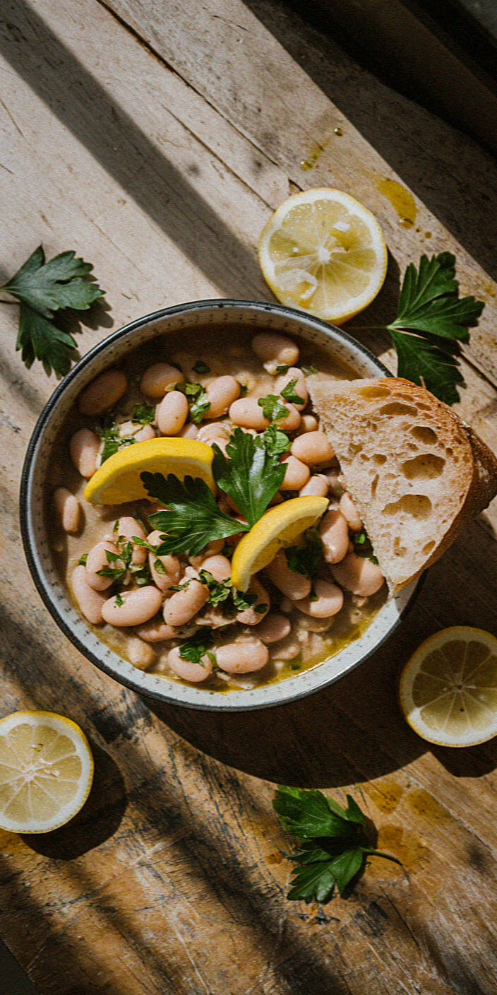 A bowl of bean stew garnished with lemon slices and parsley, accompanied by crusty bread on a rustic wooden table with bright lighting.