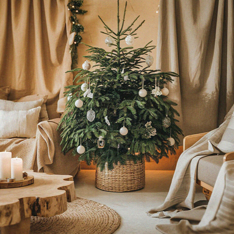 A cozy living room features a decorated Christmas tree, wooden coffee table, and neutral-colored furnishings, creating a warm, festive atmosphere.