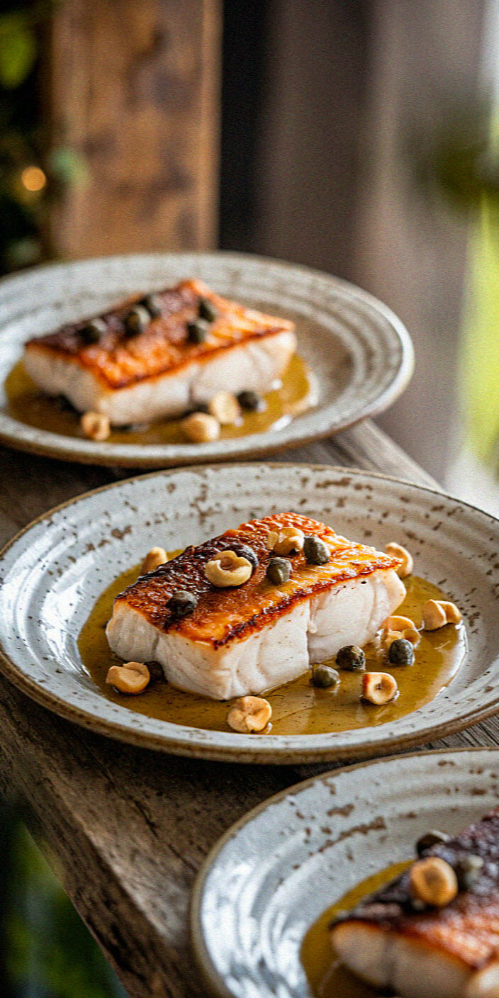 Seared fish fillets on ceramic plates, garnished with capers and nuts, served on rustic wooden table, blurred background foliage visible.